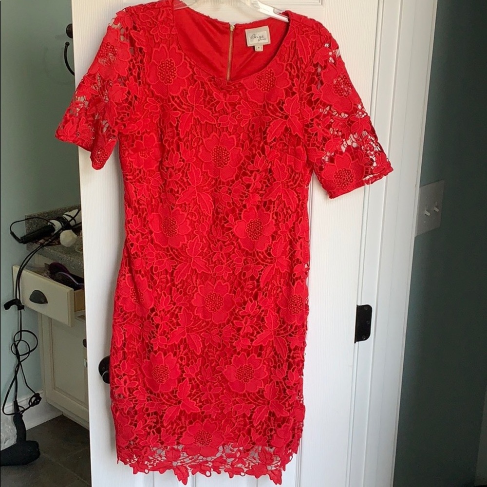 Beige by ECI Red Lace Shift Dress